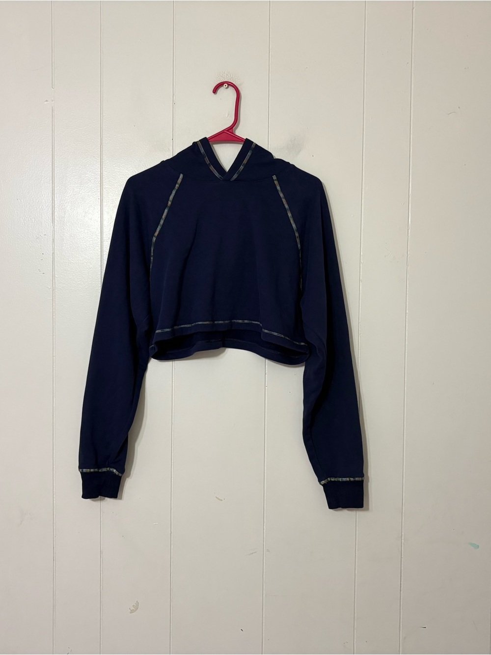 Something Navy x Bandier Cropped Hoodie Blue Rainbow Stitch Pullover Size M
